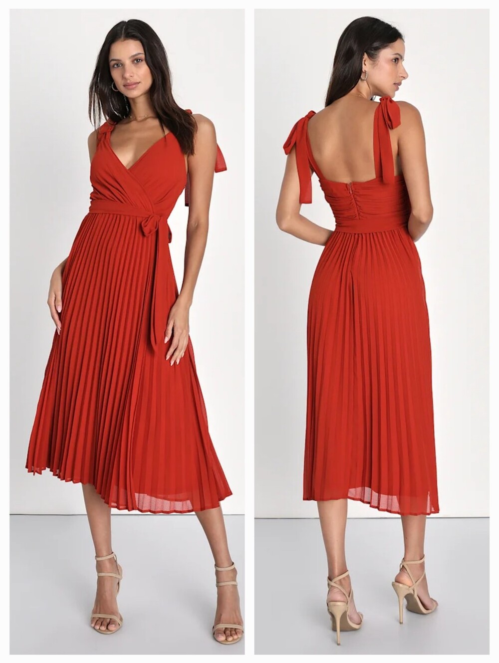 🌶 Tie-Shoulder Rust Red Pleated Midi Dress
